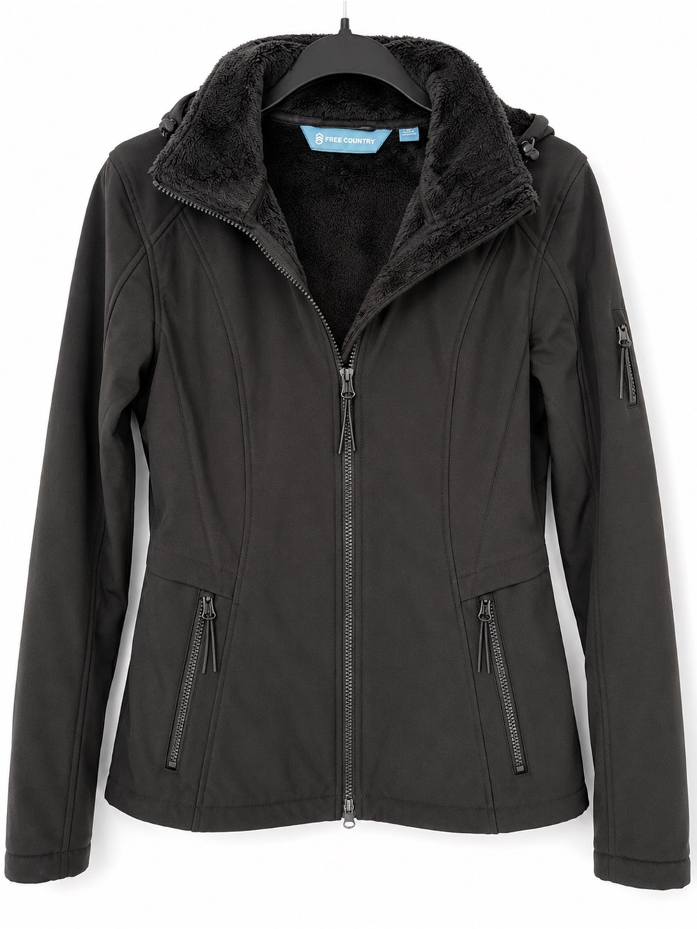 Free Country Women’s Black Softshell Jacket Faux Fur Lined Hooded Outdoor M